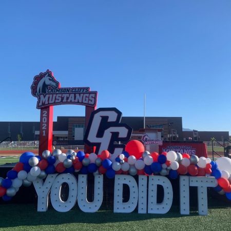 Graduation set up out on the field.